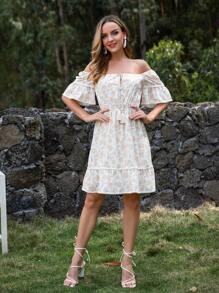 印花一字肩流蘇前打結荷葉邊連衣裙 - 彩色 - 查看 1