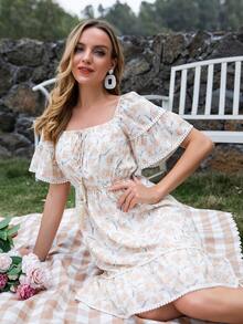 印花一字肩流蘇前打結荷葉邊連衣裙 - 彩色 - 查看 3