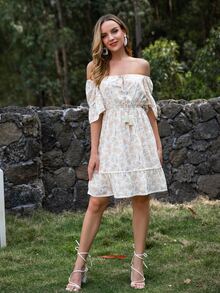 印花一字肩流蘇前打結荷葉邊連衣裙 - 彩色 - 查看 6