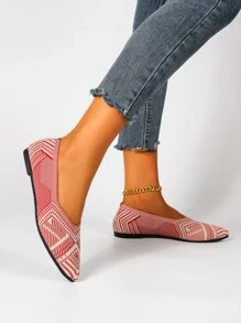 Women's Flat Slip-On Shoes, Spring Autumn New Lightweight Comfortable Breathable Knit Pointed Toe Loafers, Plus Size - Red and White - View 5