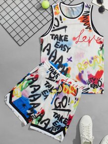 GENTILAND Men Letter Graphic Striped Trim Mesh Tank Top & Drawstring Waist Shorts - Multicolor - View 1