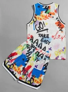 GENTILAND Men Letter Graphic Striped Trim Mesh Tank Top & Drawstring Waist Shorts - Multicolor - View 2