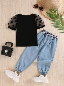 SHEIN Toddler Girl Dobby Mesh Puff Sleeve Tee And Ripped Jeans - Multicolor - View 2