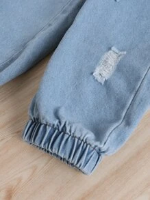 SHEIN Toddler Girl Dobby Mesh Puff Sleeve Tee And Ripped Jeans - Multicolor - View 4