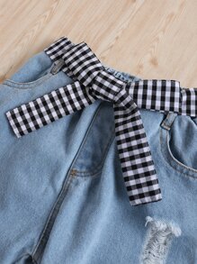 SHEIN Toddler Girl Dobby Mesh Puff Sleeve Tee And Ripped Jeans - Multicolor - View 5