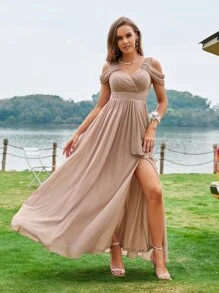 Ruched Bust Cold Shoulder Split Thigh Bridesmaid Dress - Dusty Pink - View 1