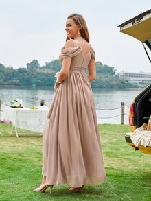 Ruched Bust Cold Shoulder Split Thigh Bridesmaid Dress - Dusty Pink - View 2