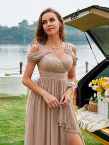 Ruched Bust Cold Shoulder Split Thigh Bridesmaid Dress - Dusty Pink - View 3