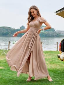 Ruched Bust Cold Shoulder Split Thigh Bridesmaid Dress - Dusty Pink - View 4