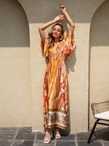 Paisley & Floral Print Flutter Sleeve Dress - Multicolor - View 1