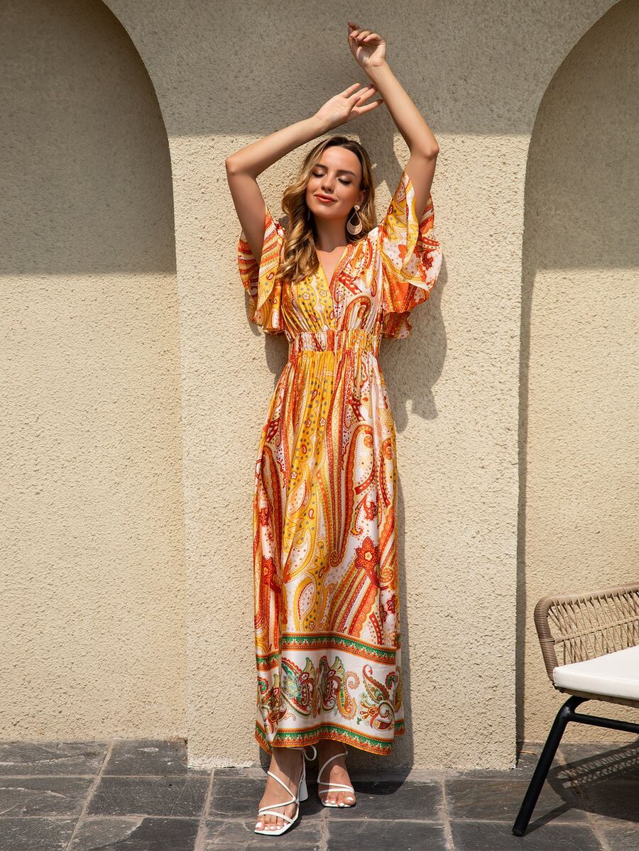 Paisley & Floral Print Flutter Sleeve Dress - Multicolor - View 1