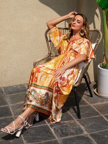 Paisley & Floral Print Flutter Sleeve Dress - Multicolor - View 3