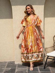 Paisley & Floral Print Flutter Sleeve Dress - Multicolor - View 5