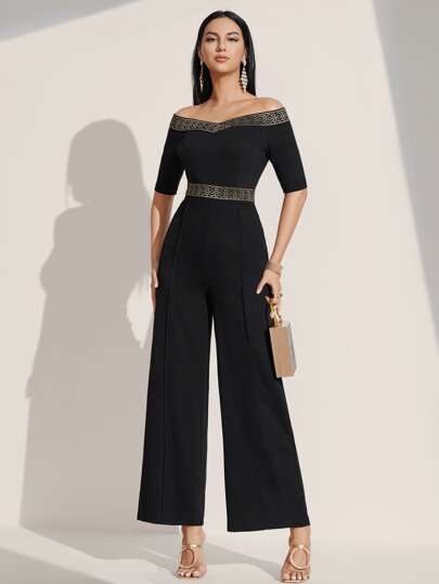 Firerie Off Shoulder Contrast Tape Jumpsuit Workwear
