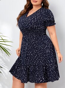 SHEIN CURVE+ Plus Polka Dot Print Shirred Waist Dress - Navy Blue - View 3