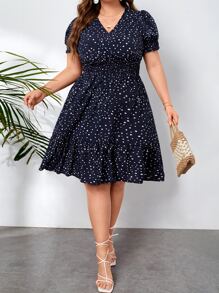 SHEIN CURVE+ Plus Polka Dot Print Shirred Waist Dress - Navy Blue - View 4