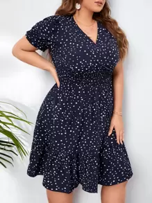 SHEIN CURVE+ Plus Polka Dot Print Shirred Waist Dress - Navy Blue - View 5