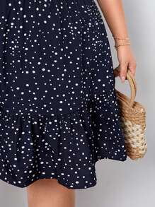 SHEIN CURVE+ Plus Polka Dot Print Shirred Waist Dress - Navy Blue - View 6