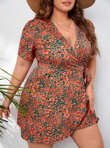 SHEIN VCAY 大碼滿版印花側打結圍裹式洋裝 - 彩色 - 查看 4