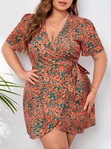 SHEIN VCAY 大碼滿版印花側打結圍裹式洋裝 - 彩色 - 查看 5