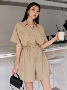 DAZY 腰部抽繩襯衫連體短褲 - 卡其色 - 查看 1