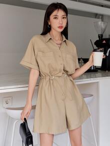 DAZY 腰部抽繩襯衫連體短褲 - 卡其色 - 查看 3