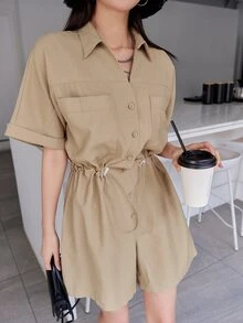 DAZY 腰部抽繩襯衫連體短褲 - 卡其色 - 查看 7
