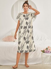 Plant Print Night Dress - Beige - View 1