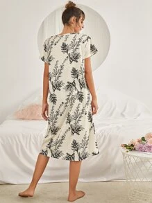 Plant Print Night Dress - Beige - View 2