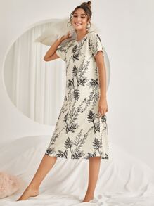 Plant Print Night Dress - Beige - View 3