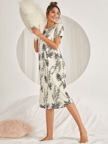 Plant Print Night Dress - Beige - View 4