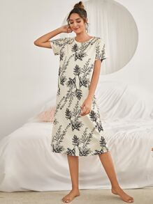 Plant Print Night Dress - Beige - View 5