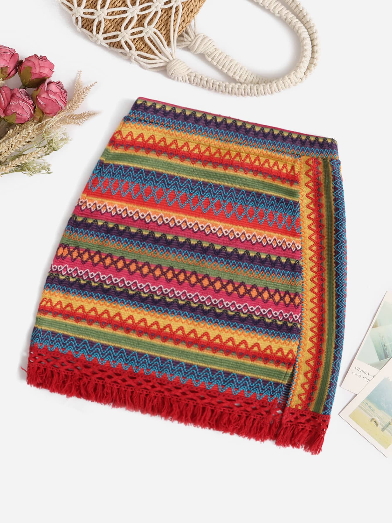 Soleia Chevron Embroidery Fringe Trim Split Hem Skirt - Burgundy - View 1