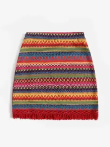 Soleia Chevron Embroidery Fringe Trim Split Hem Skirt - Burgundy - View 2