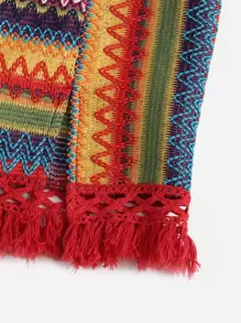 Soleia Chevron Embroidery Fringe Trim Split Hem Skirt - Burgundy - View 4