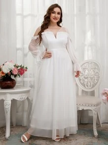 SHEIN Belle Plus Contrast Mesh Cold Shoulder Maxi Wedding Dress Without Veil - White - View 1