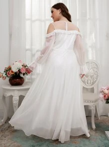 SHEIN Belle Plus Contrast Mesh Cold Shoulder Maxi Wedding Dress Without Veil - White - View 2