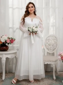 SHEIN Belle Plus Contrast Mesh Cold Shoulder Maxi Wedding Dress Without Veil - White - View 4