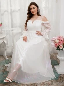 SHEIN Belle Plus Contrast Mesh Cold Shoulder Maxi Wedding Dress Without Veil - White - View 6
