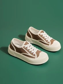 Lace-up Front Canvas Shoes - Khaki - View 1