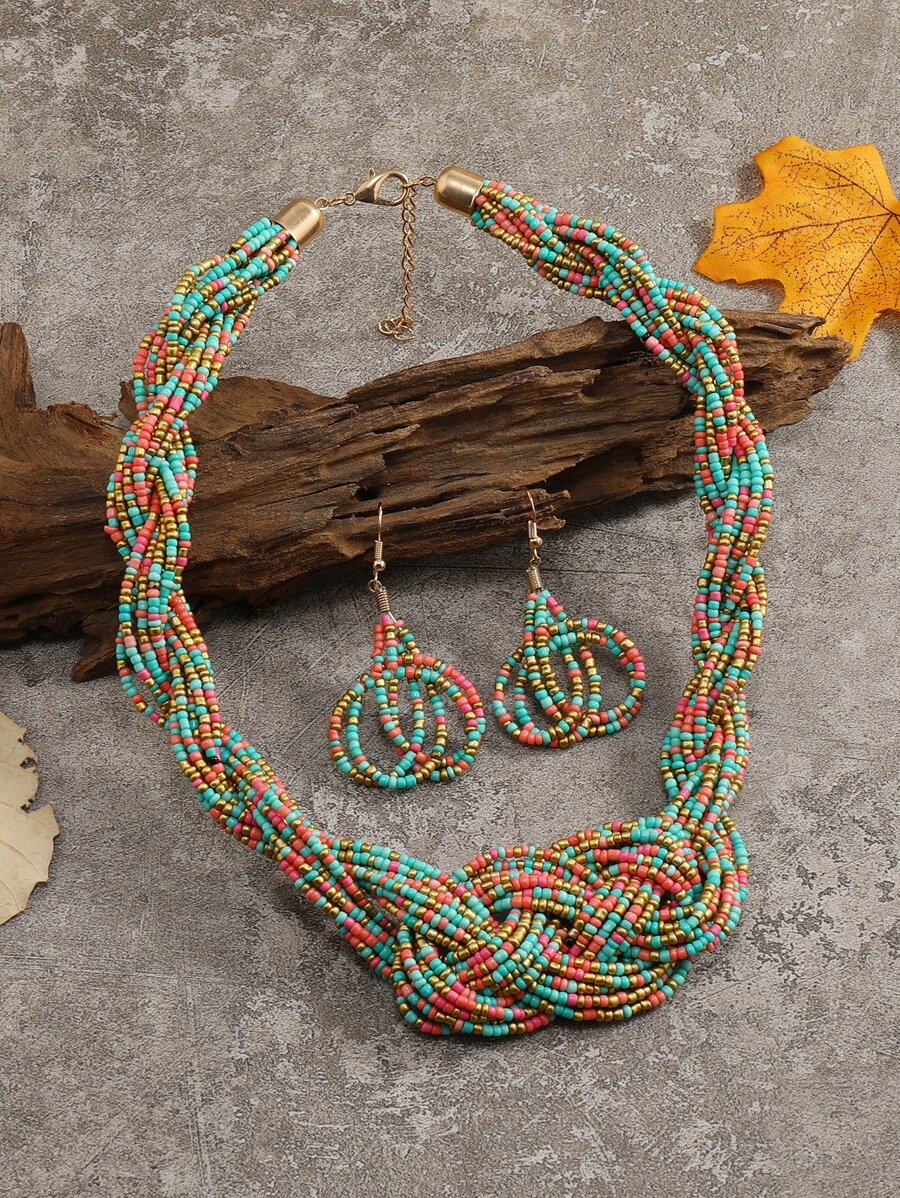 撞色串珠項鏈和耳墜 - 彩色 - 查看 1