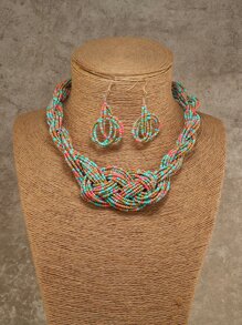 撞色串珠項鏈和耳墜 - 彩色 - 查看 4