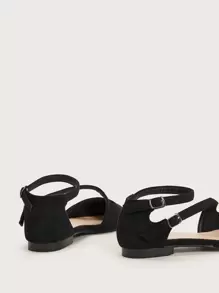 2025 Autumn New Women's Black Double Buckle Flat Shoes, Elegant Pointed Toe Ankle Strap Flats, Black Faux Suede Ballet Shoes, Comfortable Breathable Spring/Summer Women Shoes, Black Footwear - Black - View 4