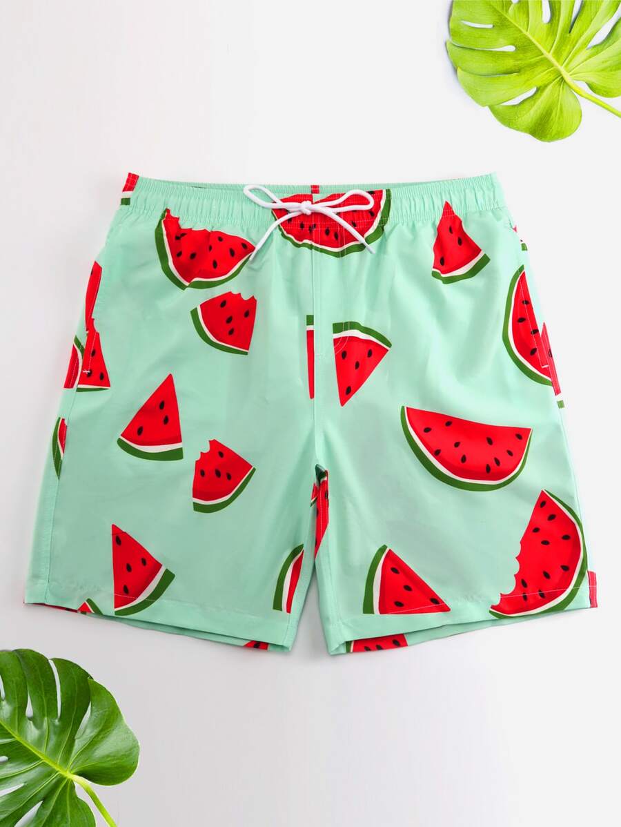 Surfspeed Men Random Watermelon Print Drawstring Waist Swim Trunks,Hawaiian - Mint Green - View 1