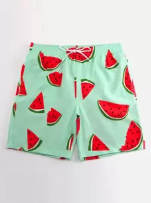 Surfspeed Men Random Watermelon Print Drawstring Waist Swim Trunks,Hawaiian - Mint Green - View 3