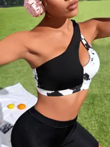 SHEIN Sport Studio Mittlerer Halt Sport Bh Mit Einem Schulter Design, Tie Dye Muster Mit Vorderem Ausschnitt, Passend Für Workout Tops
