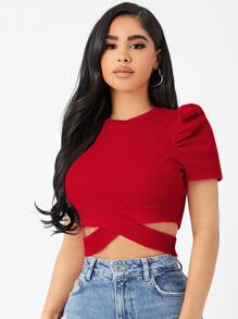 Firerie Puff Sleeve Crisscross Hem Crop Tee - Red - View 2