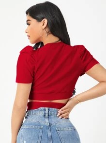 Firerie Puff Sleeve Crisscross Hem Crop Tee - Red - View 3