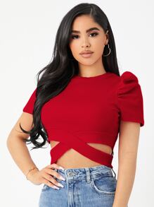 Firerie Puff Sleeve Crisscross Hem Crop Tee - Red - View 4