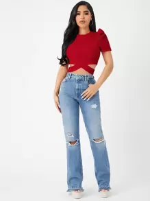 Firerie Puff Sleeve Crisscross Hem Crop Tee - Red - View 5